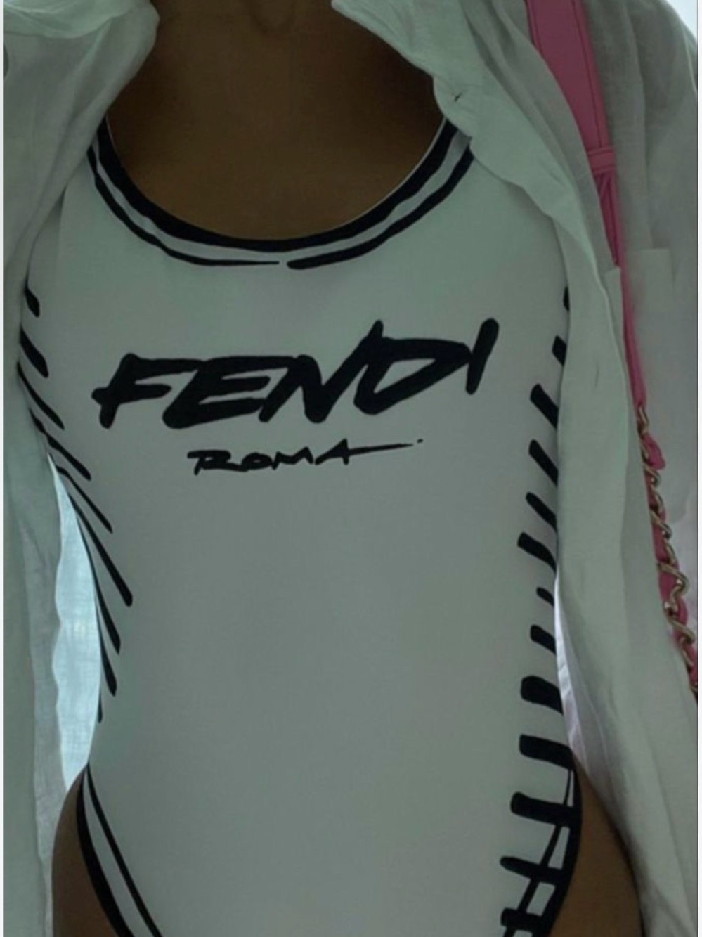 Fendi White One-Piece Swimsuit with Black Logo
